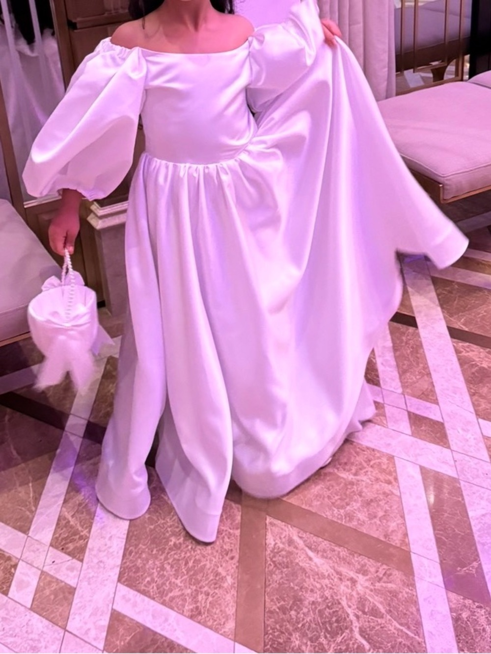 Satin Off-Shoulder Puff Sleeve Gown